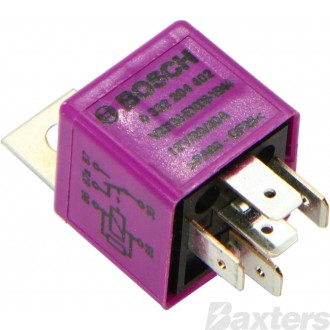 Relay Mini Bosch 12V 30/20A C/ O 5 Pin Resistor Protected Pin 30 and 86 Reversed Purple Str