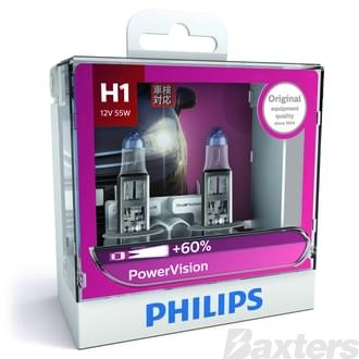 Halogen Globe H1 12V 55W P14.5S PowerVision 3700K +60% More Light Twin Pack