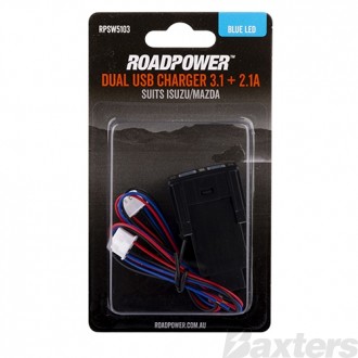 Switch Roadpower USB 3.1 + 2.1 A Suits Isuzu/Mazda Includes Harness 32.8 x 22mm Blue LED